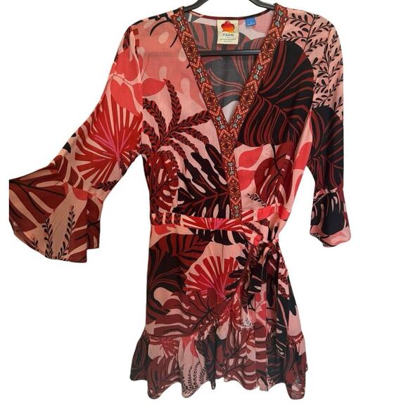 Farm Rio NWOT Bruxelles Dress Ruffles Wrapped Mini Orange Brown Size Medium - Picture 4 of 12